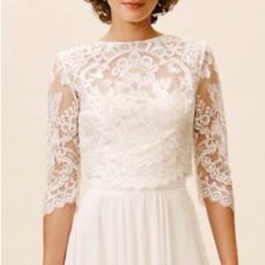 BHLDN White Lace Bridal Top with Sheer Three-Quarter Sleeves